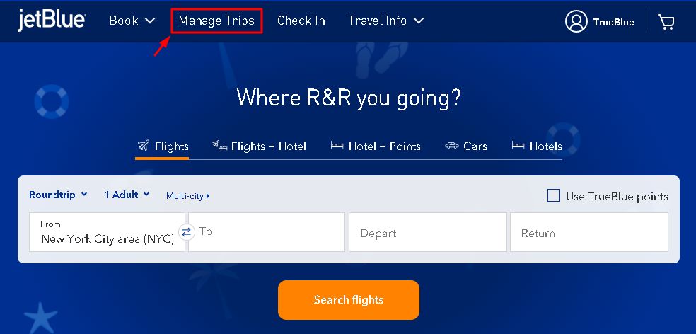 A screenshot of the JetBlue Manage Trips option used for changing a flight
