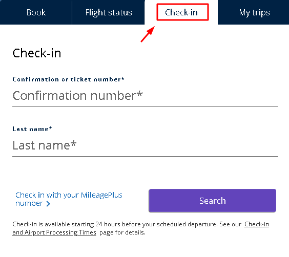 A screenshot of United Airlines online/web check-in page