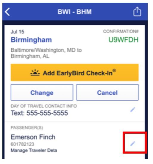 Southwest Airlines Name Change via Mobile App