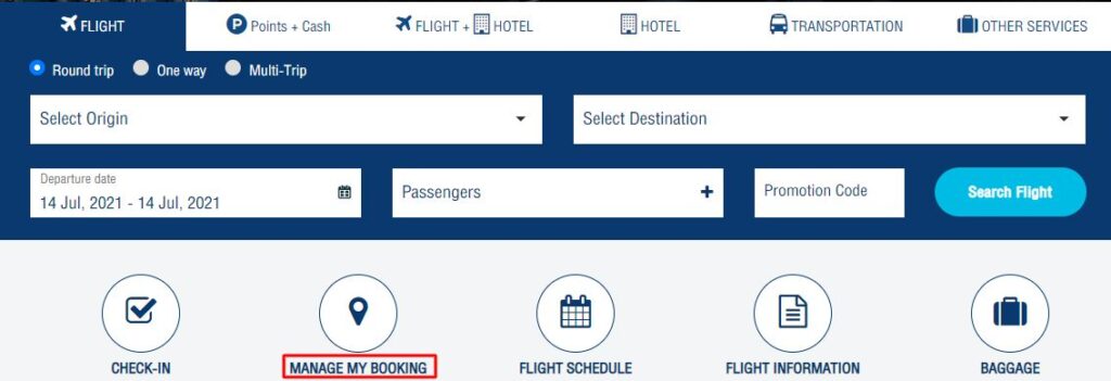 A screenshot of the Manage My Booking option to change flights online on BangkokAir.com 