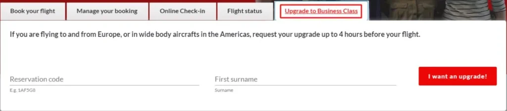 A screenshot of Avianca’s Upgrade to Business Class page on the airline’s website