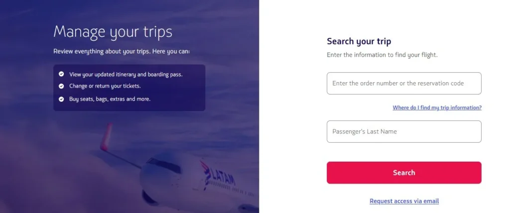 A view of LATAM’s Manage your trips screen used to cancel tickets online 